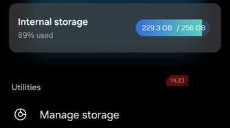 Samsung My Files home storage 89 percent dark mode