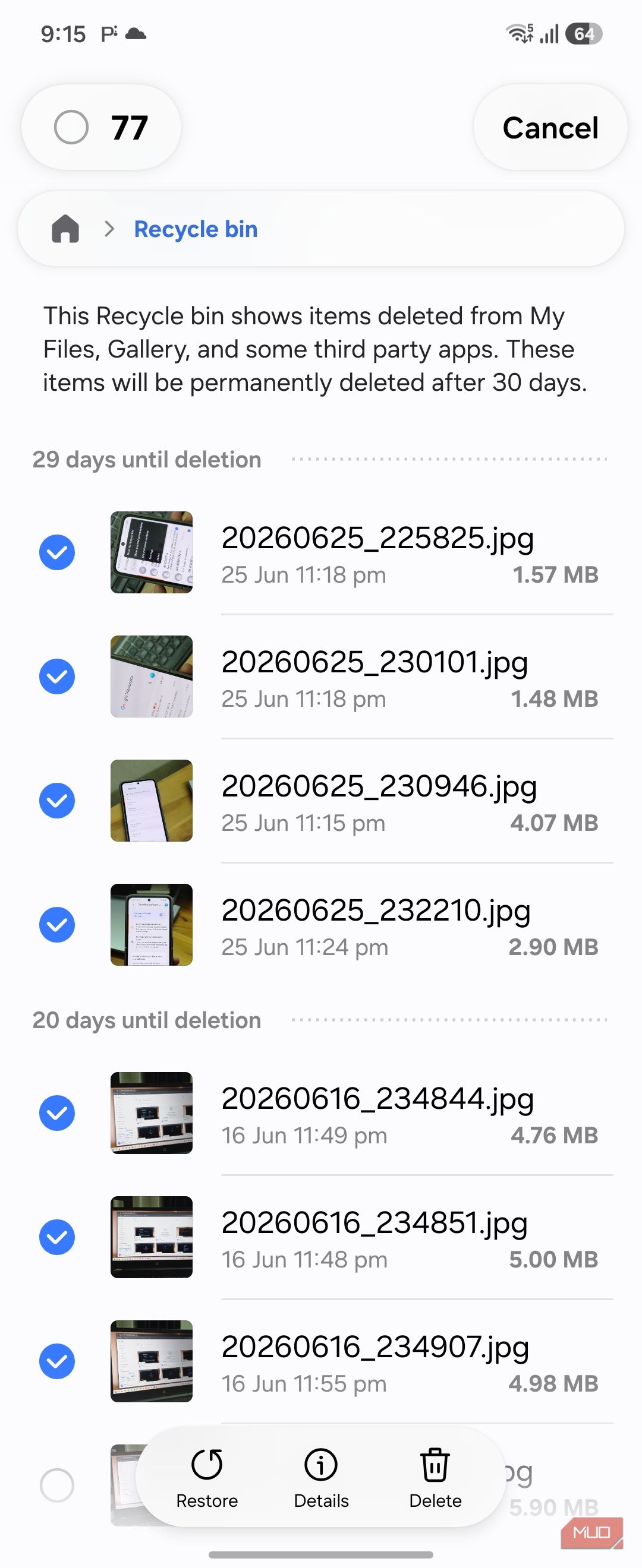 Samsung My Files recycle bin 77 items selected list