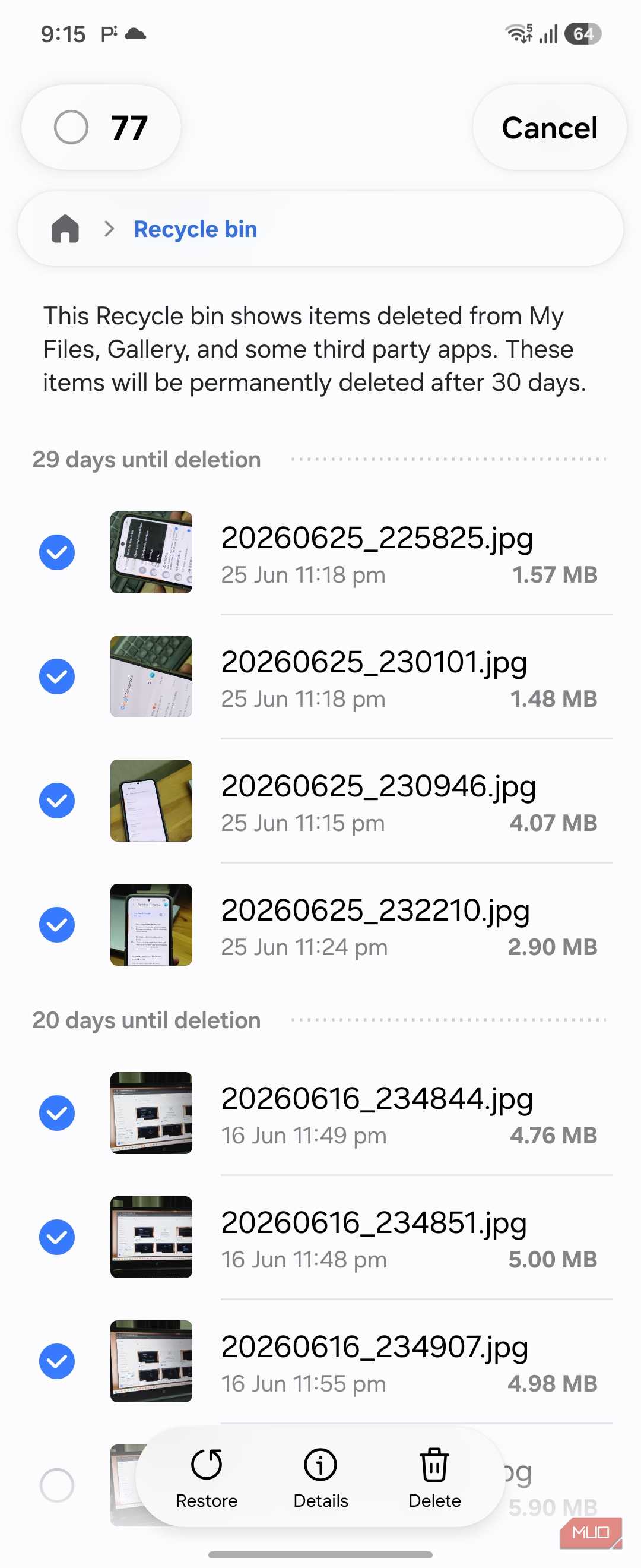 Samsung My Files recycle bin 77 items selected list