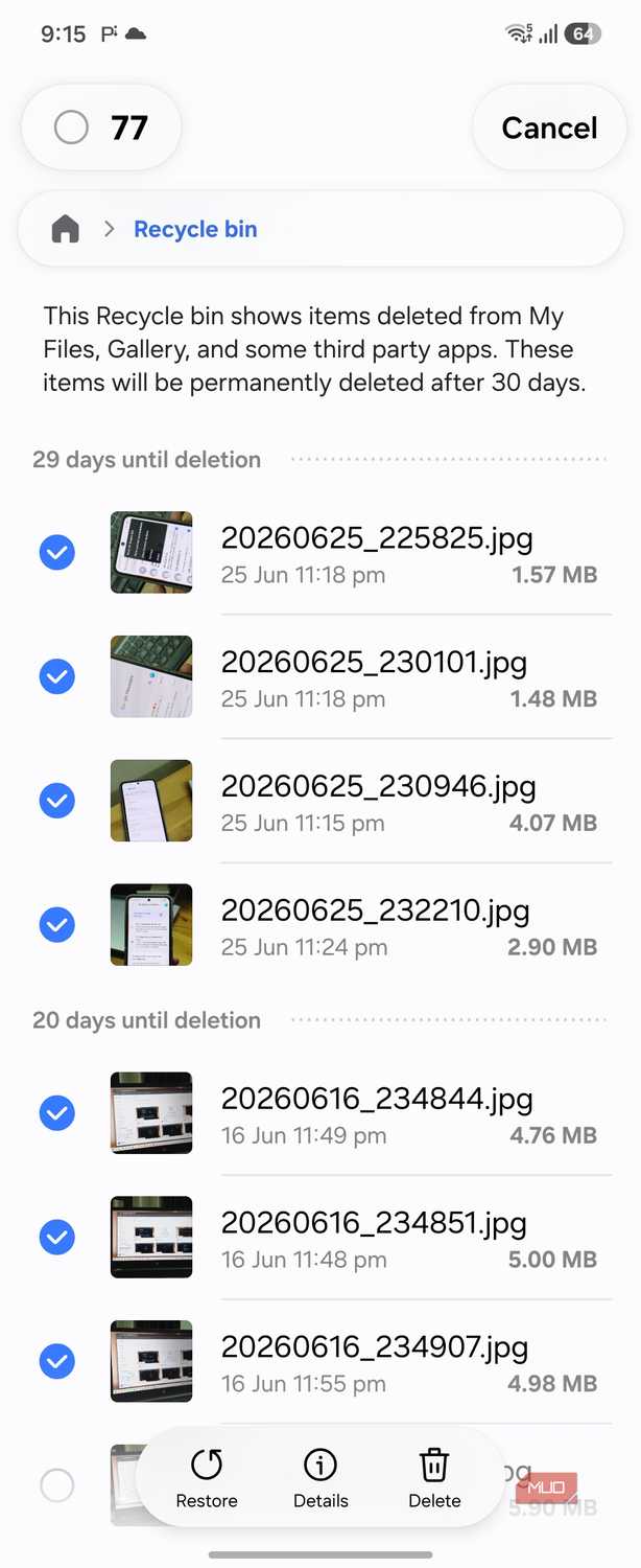 Samsung My Files recycle bin 77 items selected list
