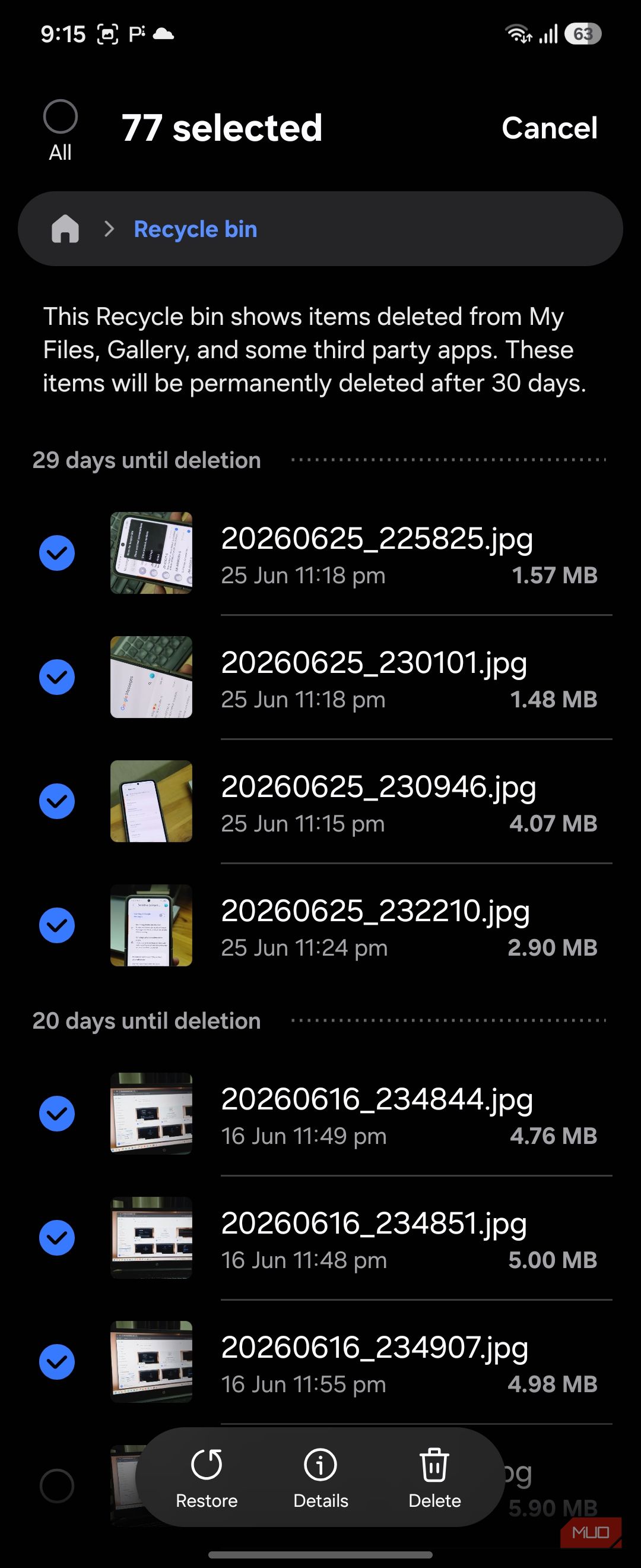 Samsung My Files recycle bin 77 selected dark mode