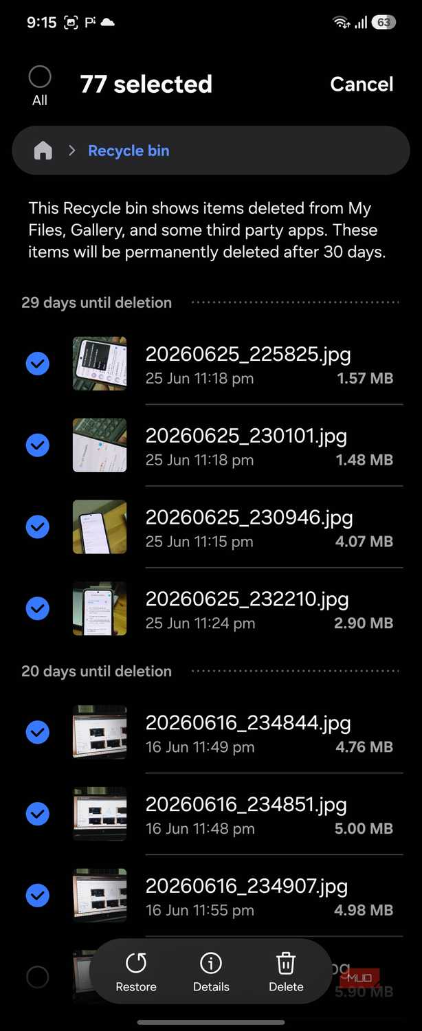 Samsung My Files recycle bin 77 selected dark mode