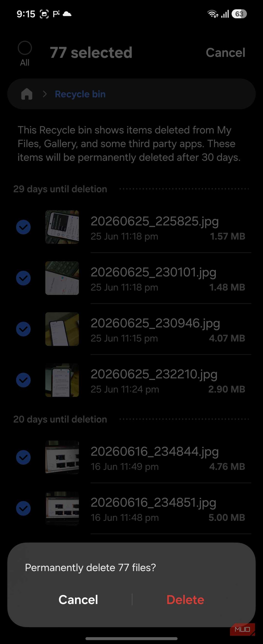 Samsung My Files recycle bin permanently delete dark mode