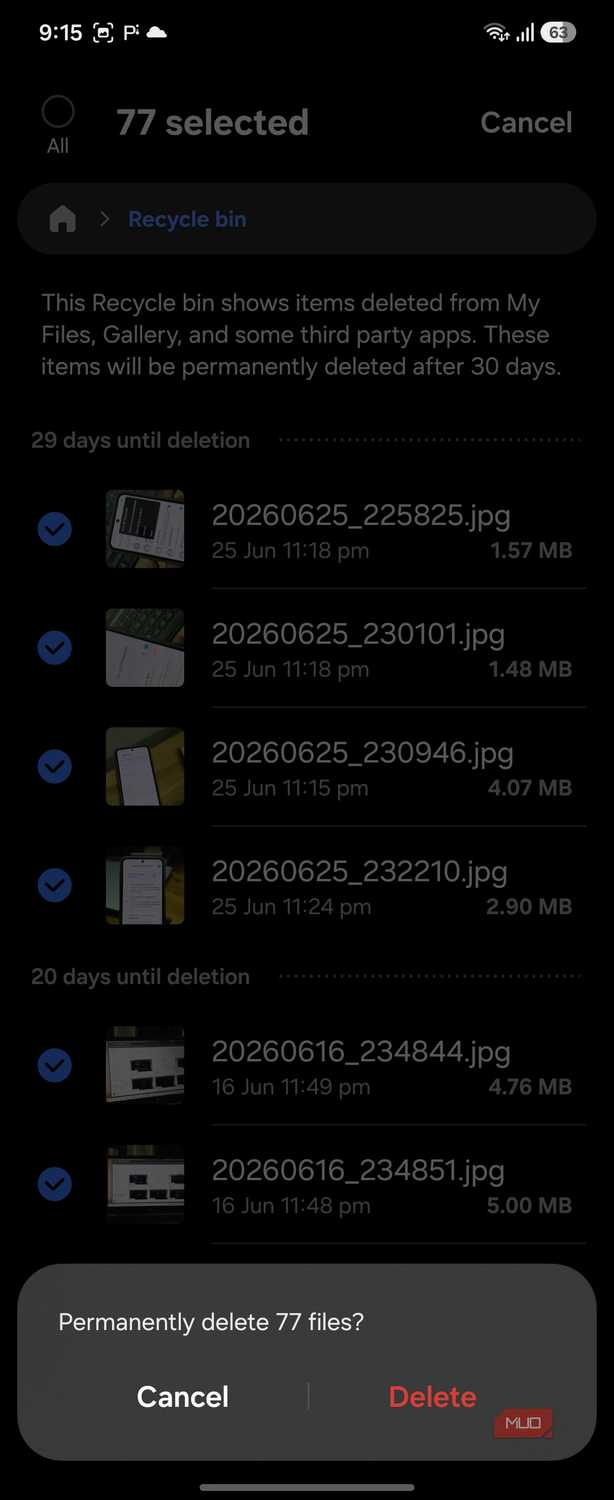 Samsung My Files recycle bin permanently delete dark mode