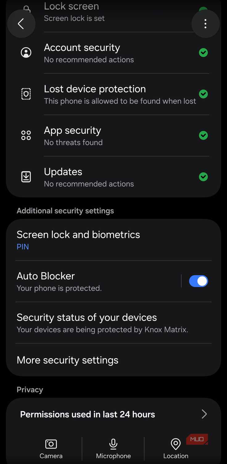 Samsung Security settings showing the More security settings menu
