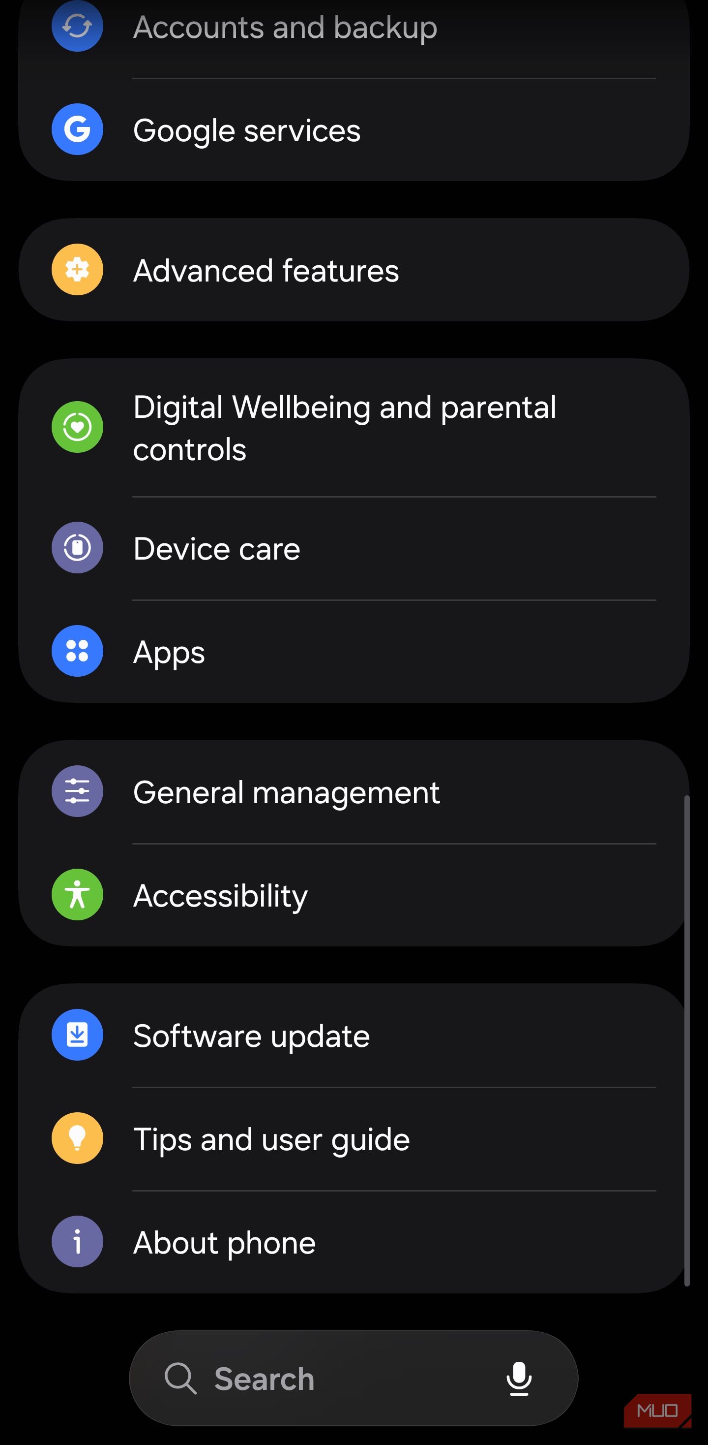Samsung Settings showing the Accessibility menu
