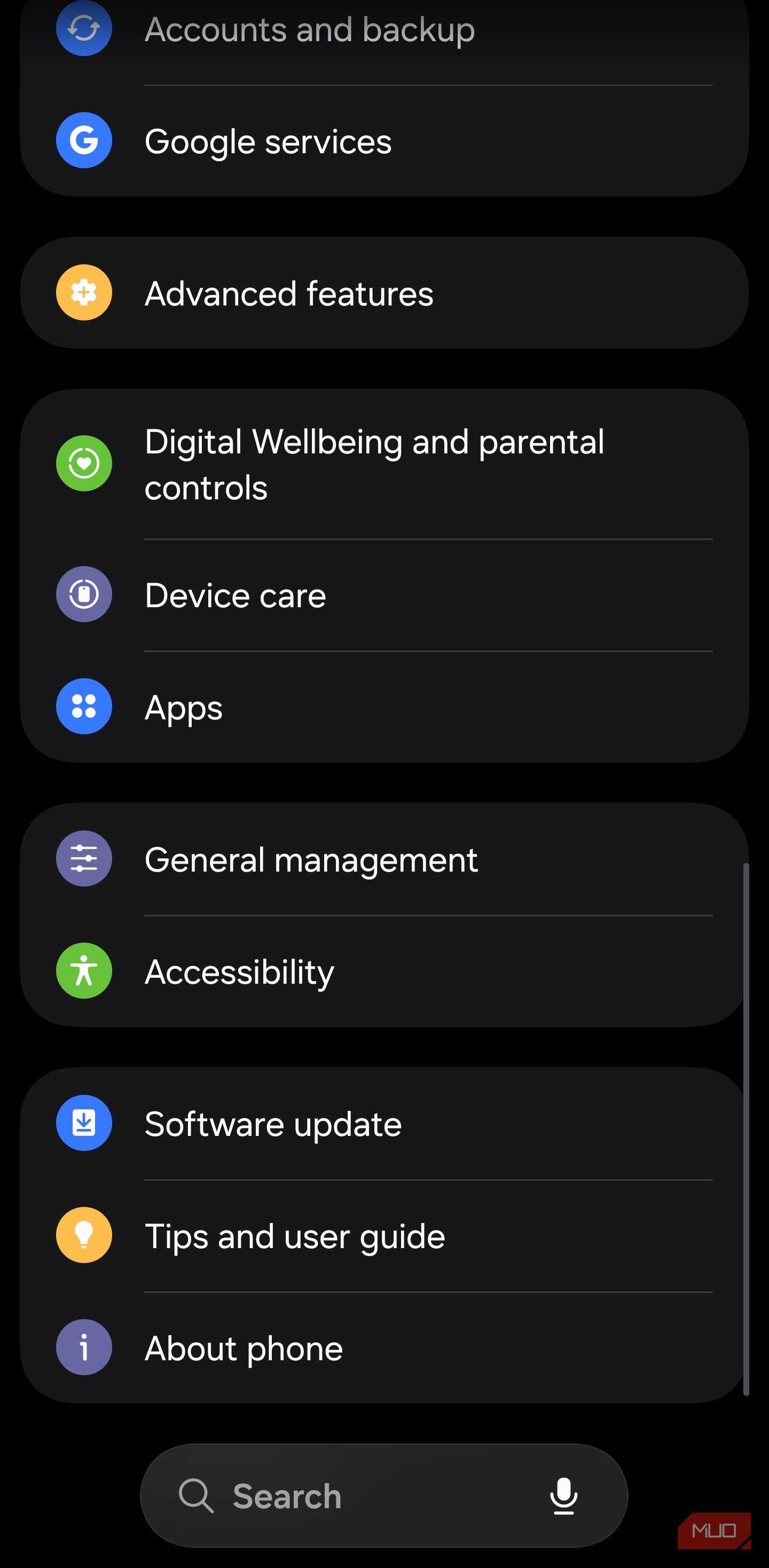 Samsung Settings showing the Accessibility menu