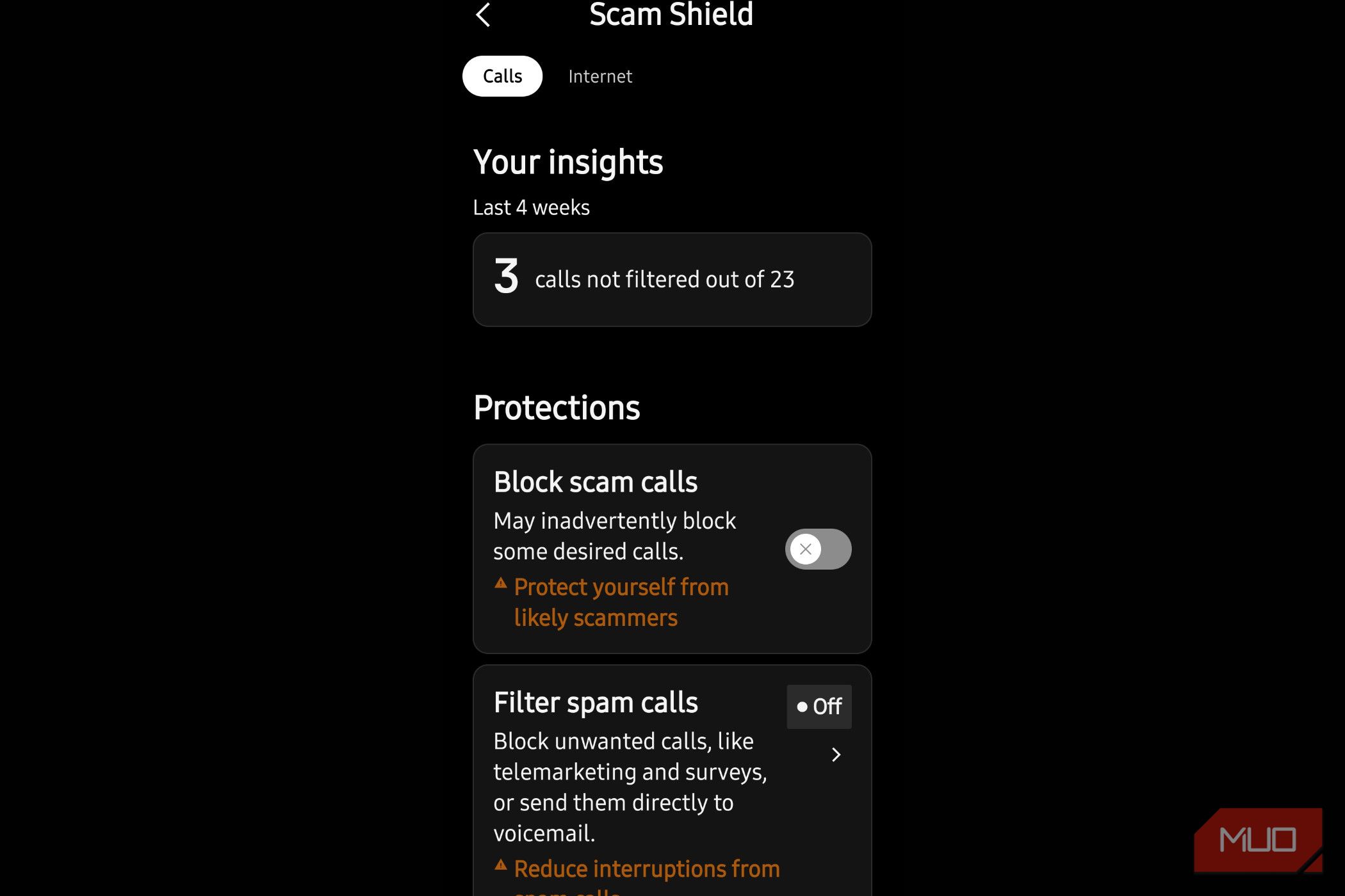 Scam shield showing protections and what calls were filtered.