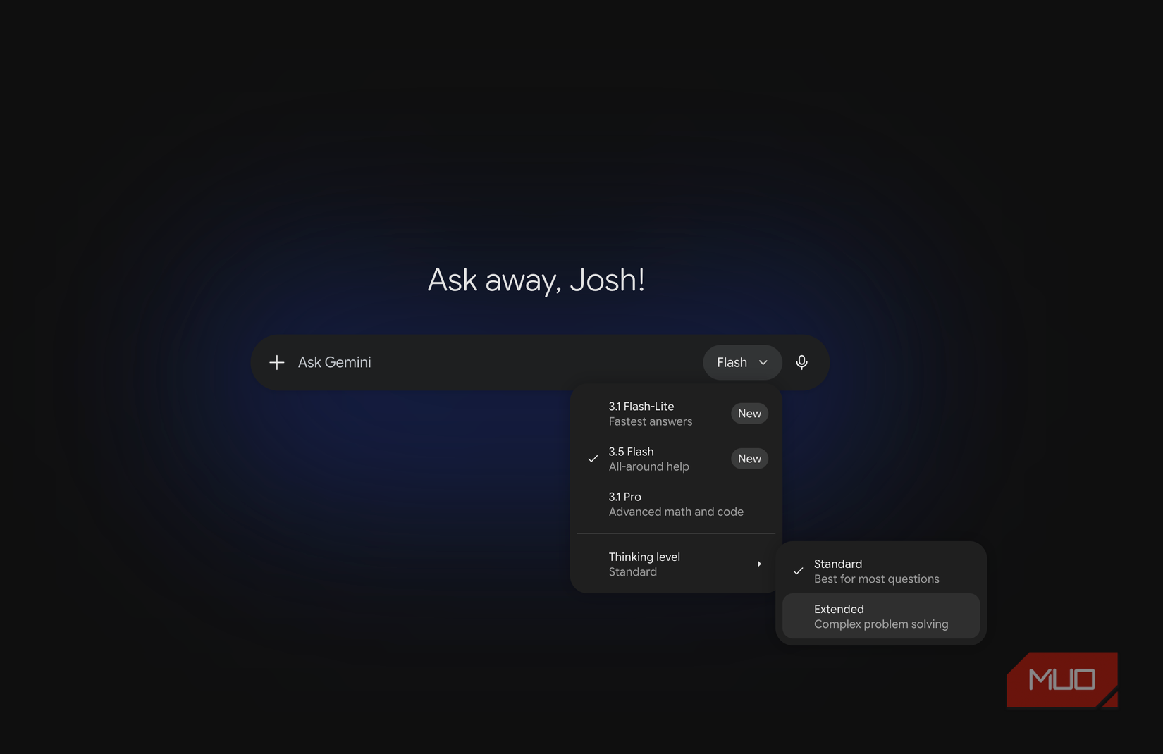 Selecting between Standard and Extended thinking options on Gemini for the web