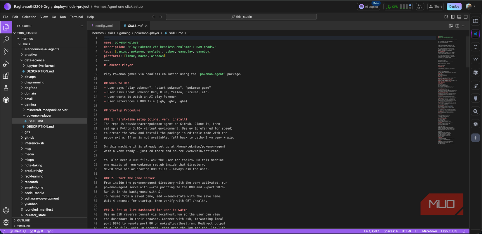 and agent.md file open in Lightning AI
