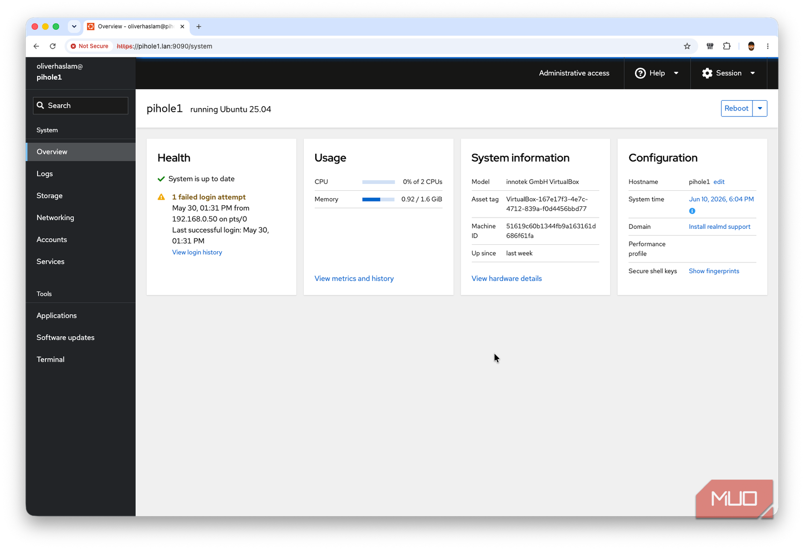 A screenshot of the Cockpit dashboard for a Linux server