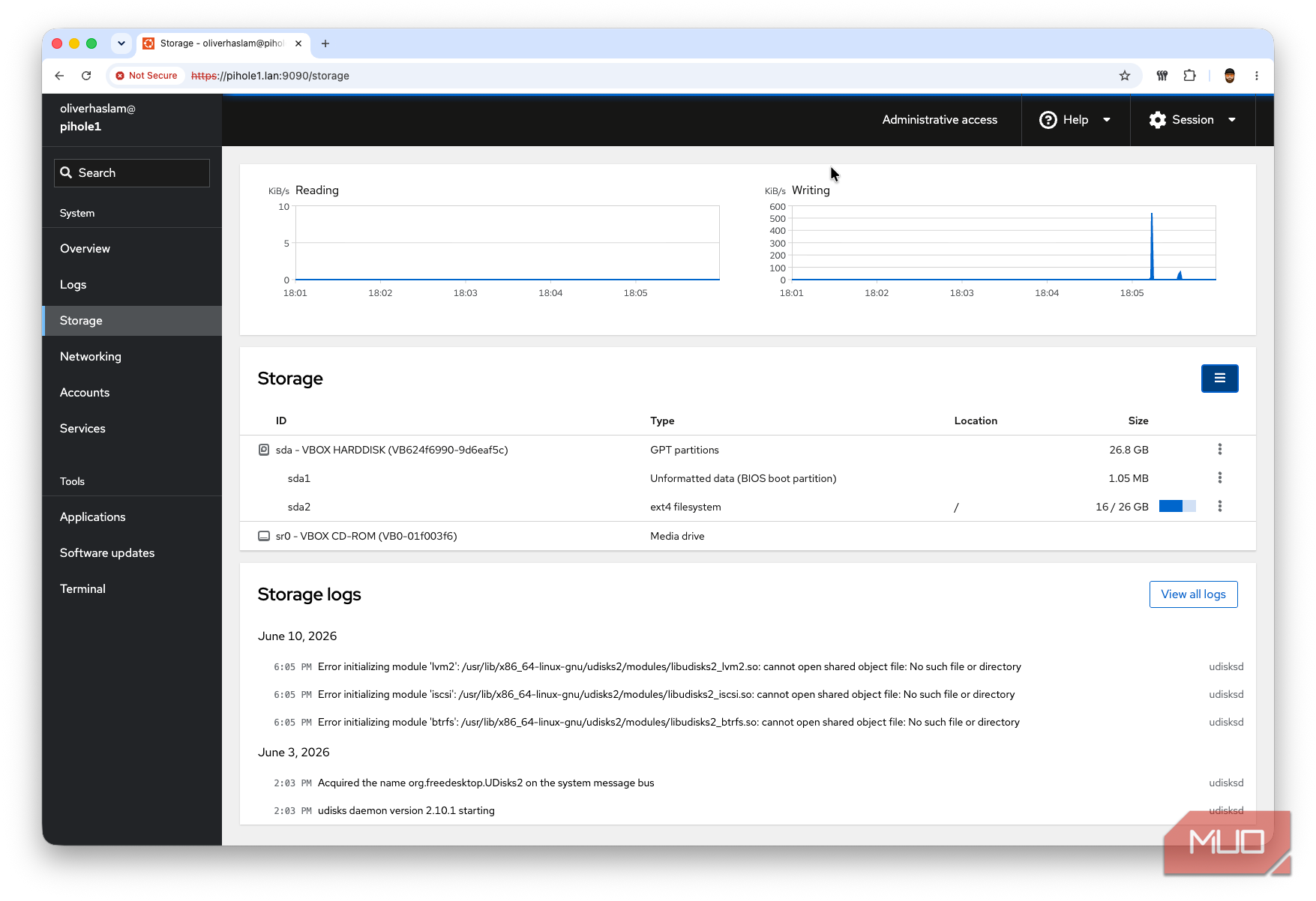 A screenshot showing the storage page within the Cockpit dashboard