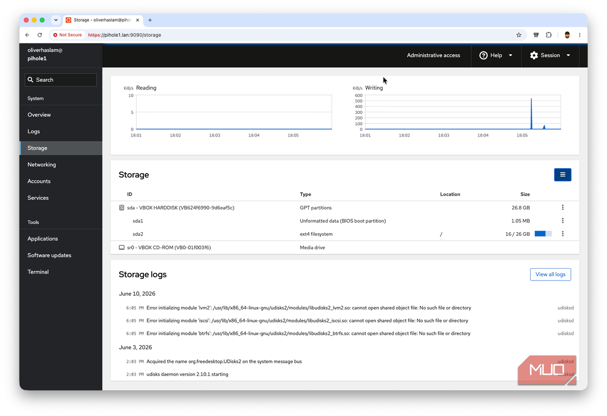 A screenshot showing the storage page within the Cockpit dashboard