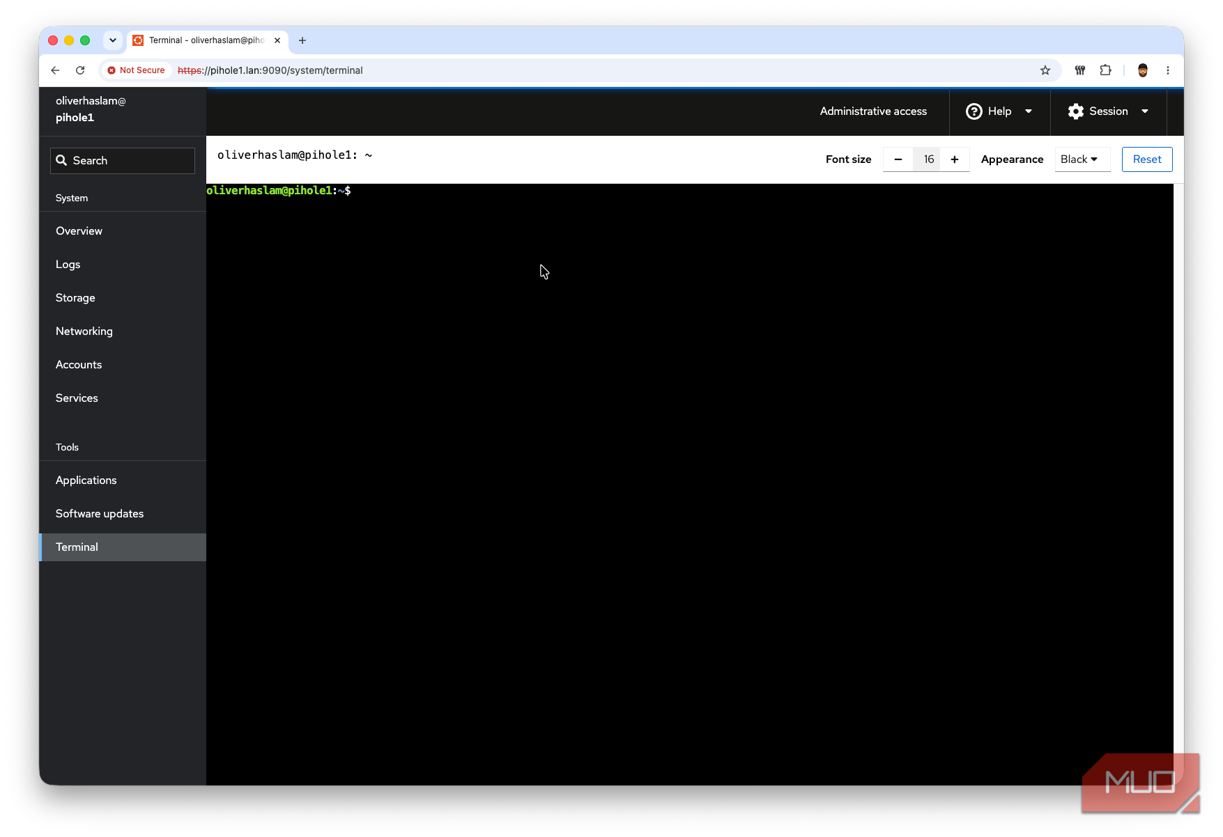 A screenshot showing terminal access from within Cockpit