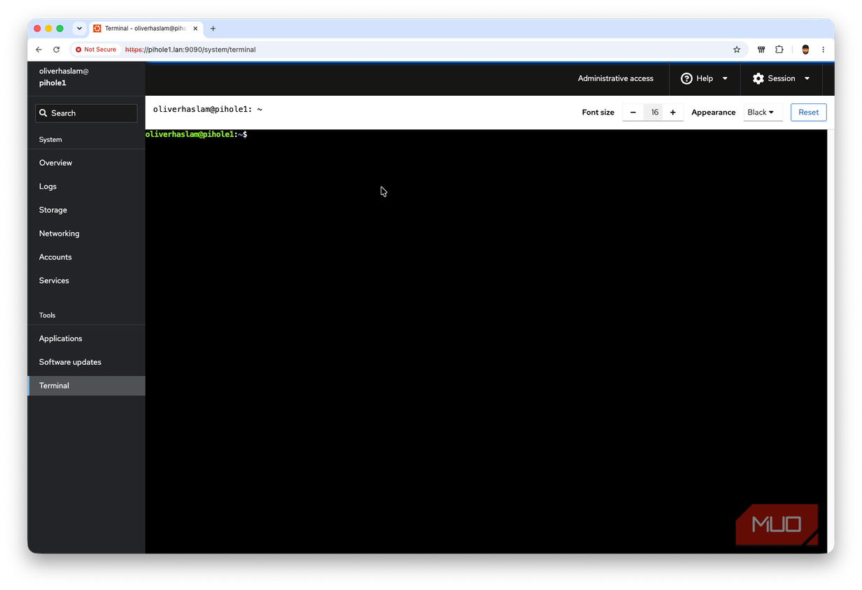 A screenshot showing terminal access from within Cockpit
