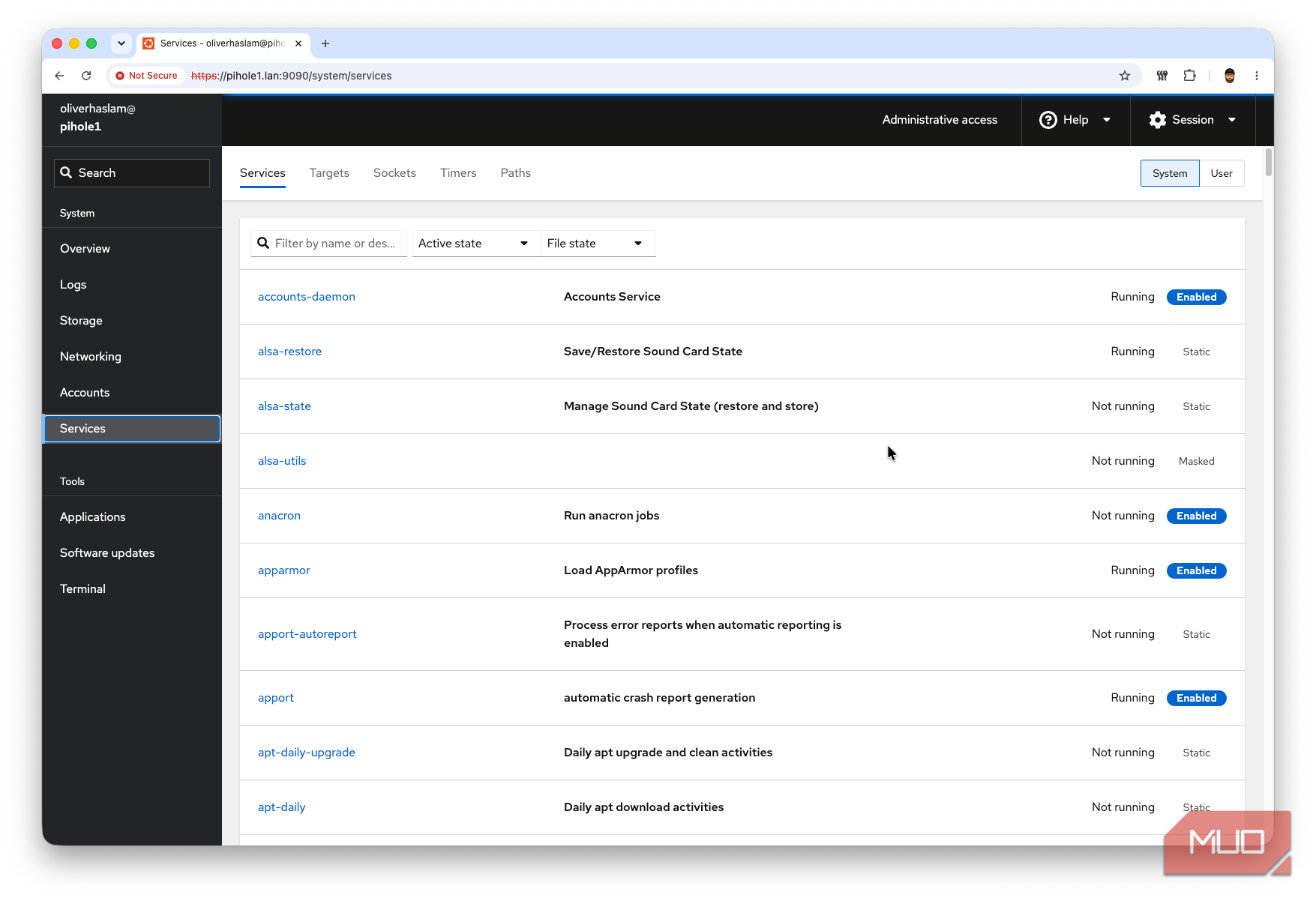 A screenshot of the services page on the Cockpit dashboard