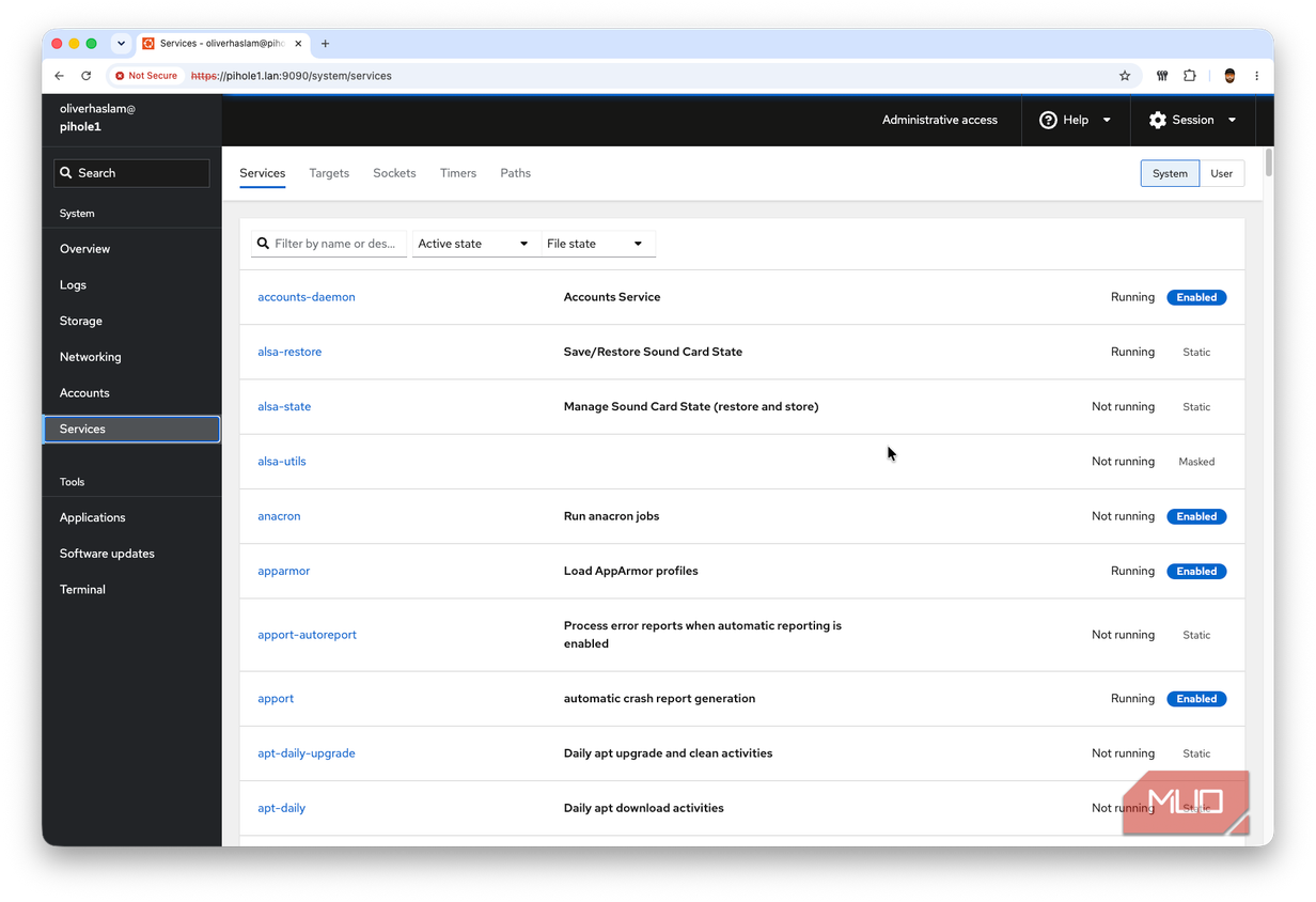 A screenshot of the services page on the Cockpit dashboard