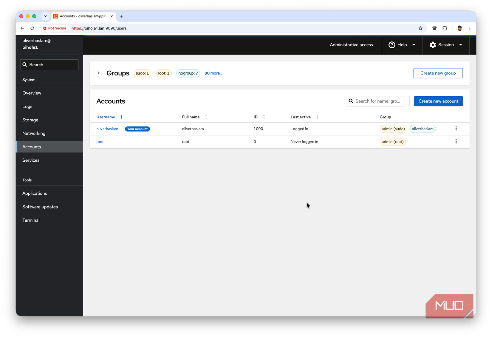 Screenshot showing the accounts page in Cockpit