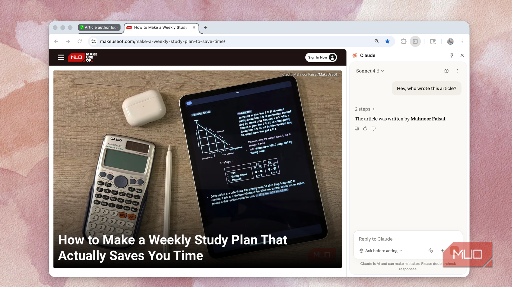 screenshot of web browser showing article titled how to make a weekly study plan that actually saves you time with image of calculator tablet and airpods on wooden desk