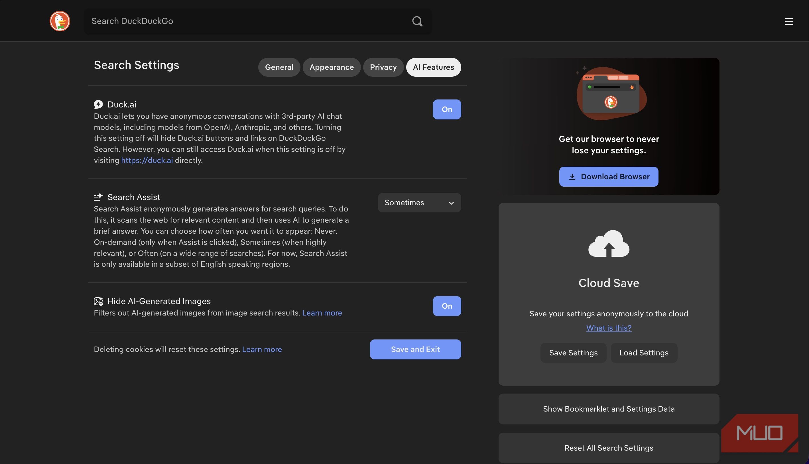 Search Assist settings page in DuckDuckGo