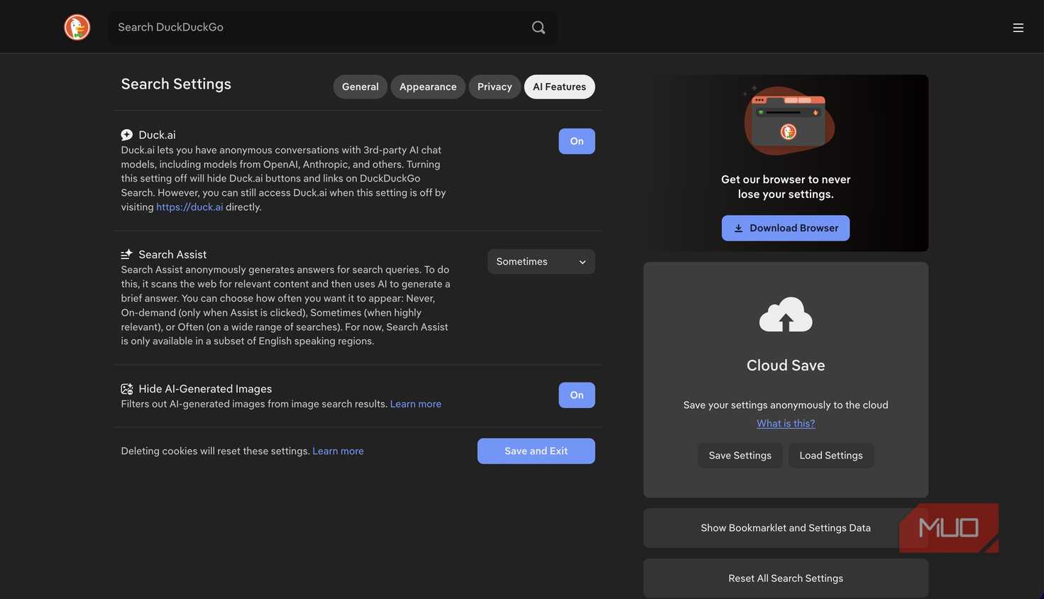 Search Assist settings page in DuckDuckGo