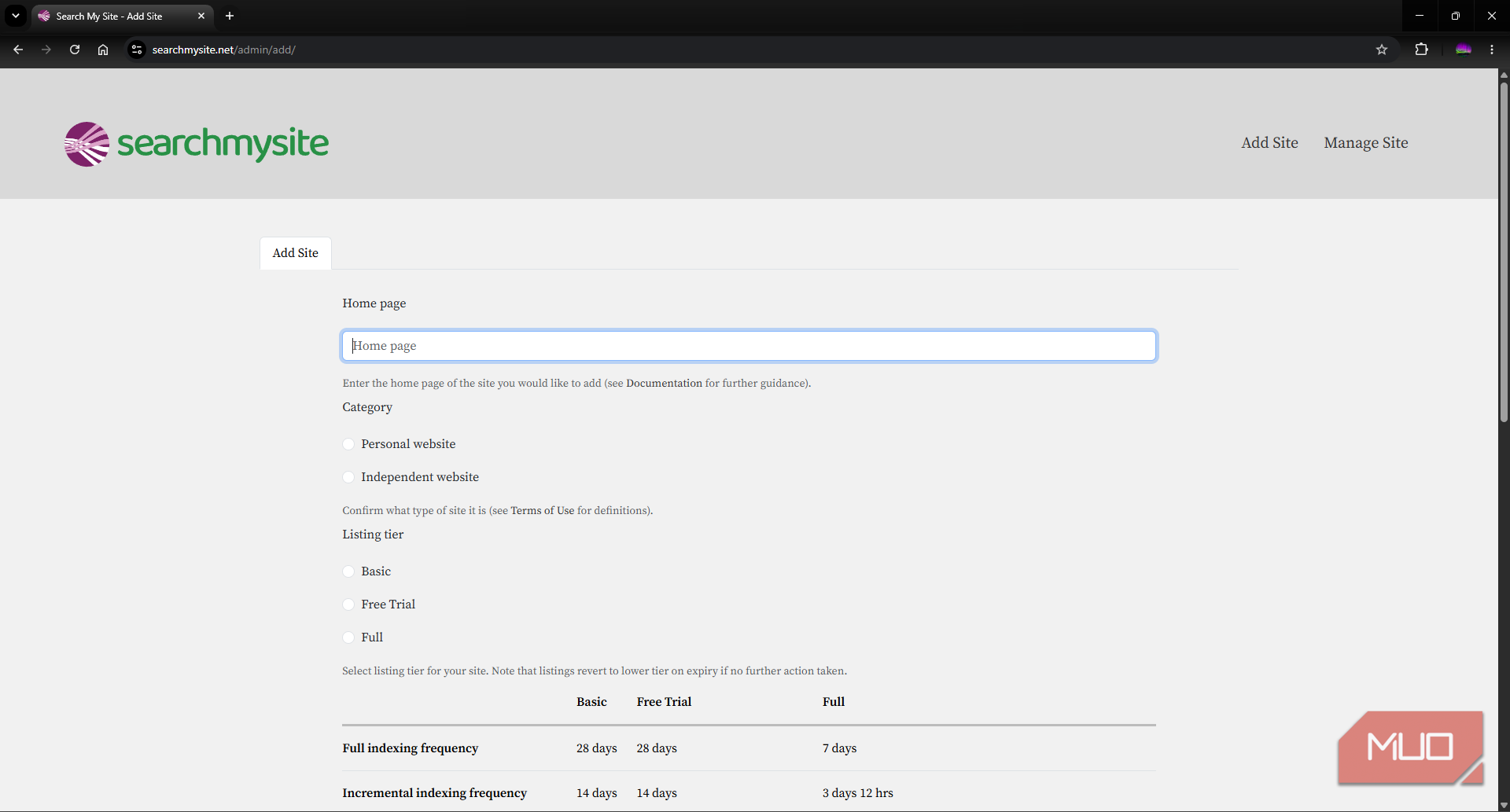 Search My Site search engine add page to indexer