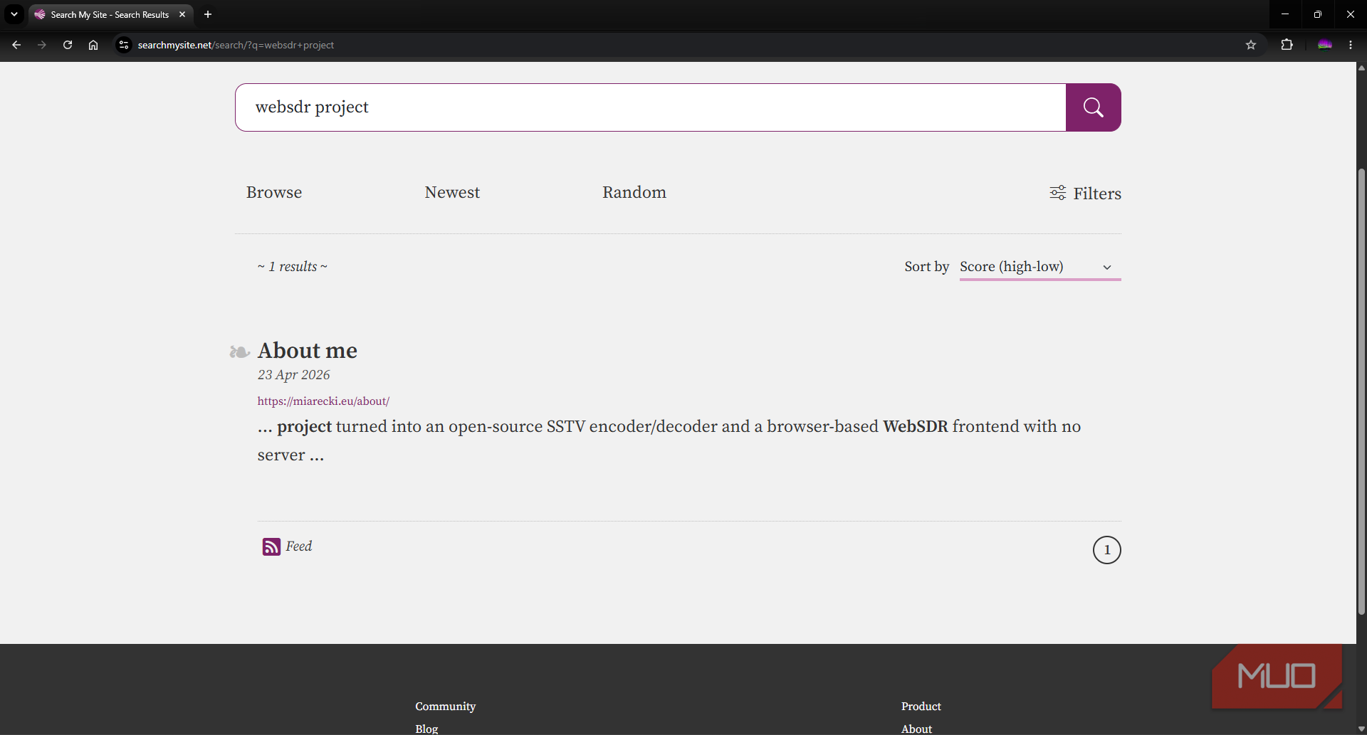 Search My Site search engine query page showing a single result