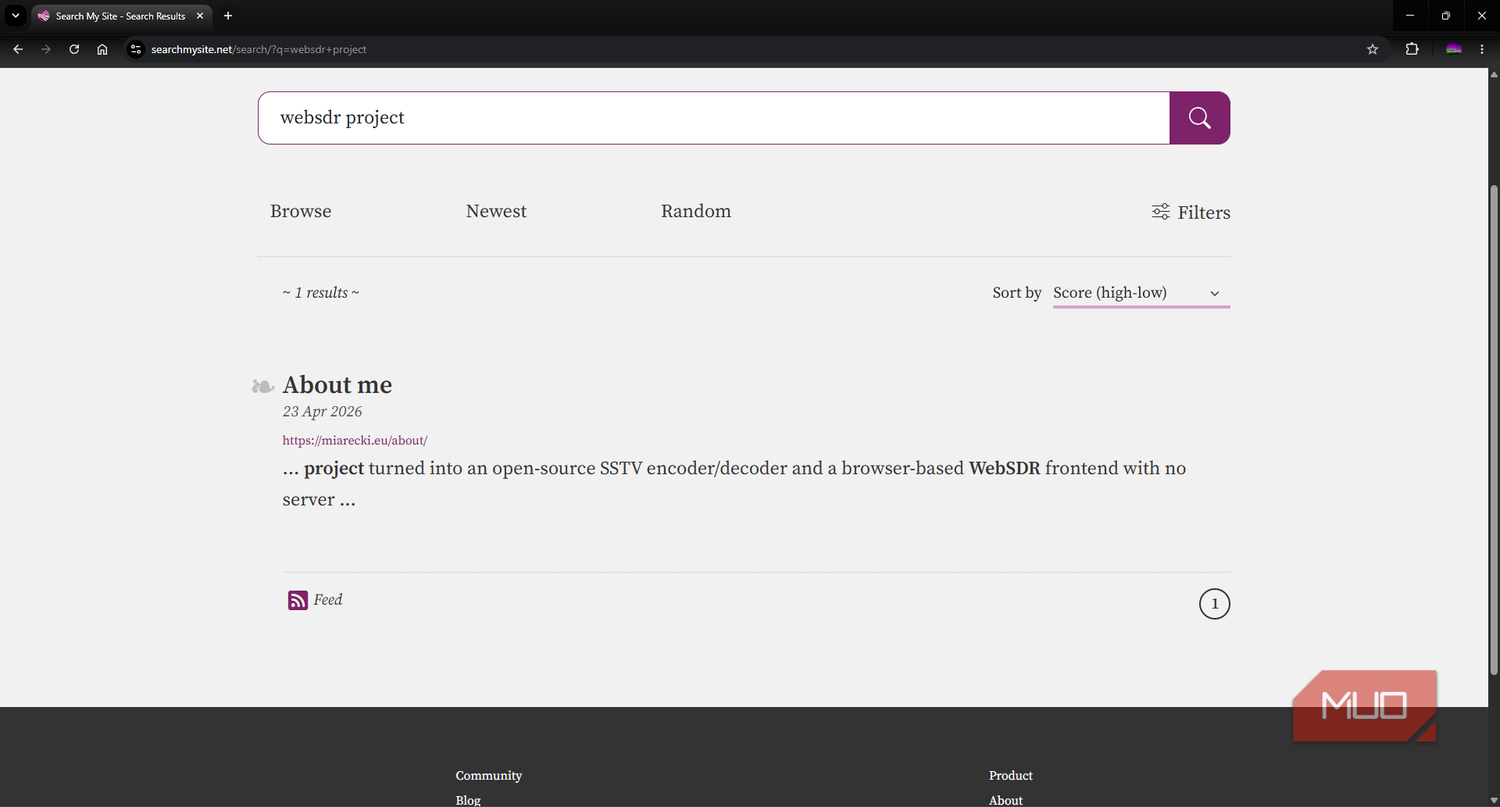 Search My Site search engine query page showing a single result