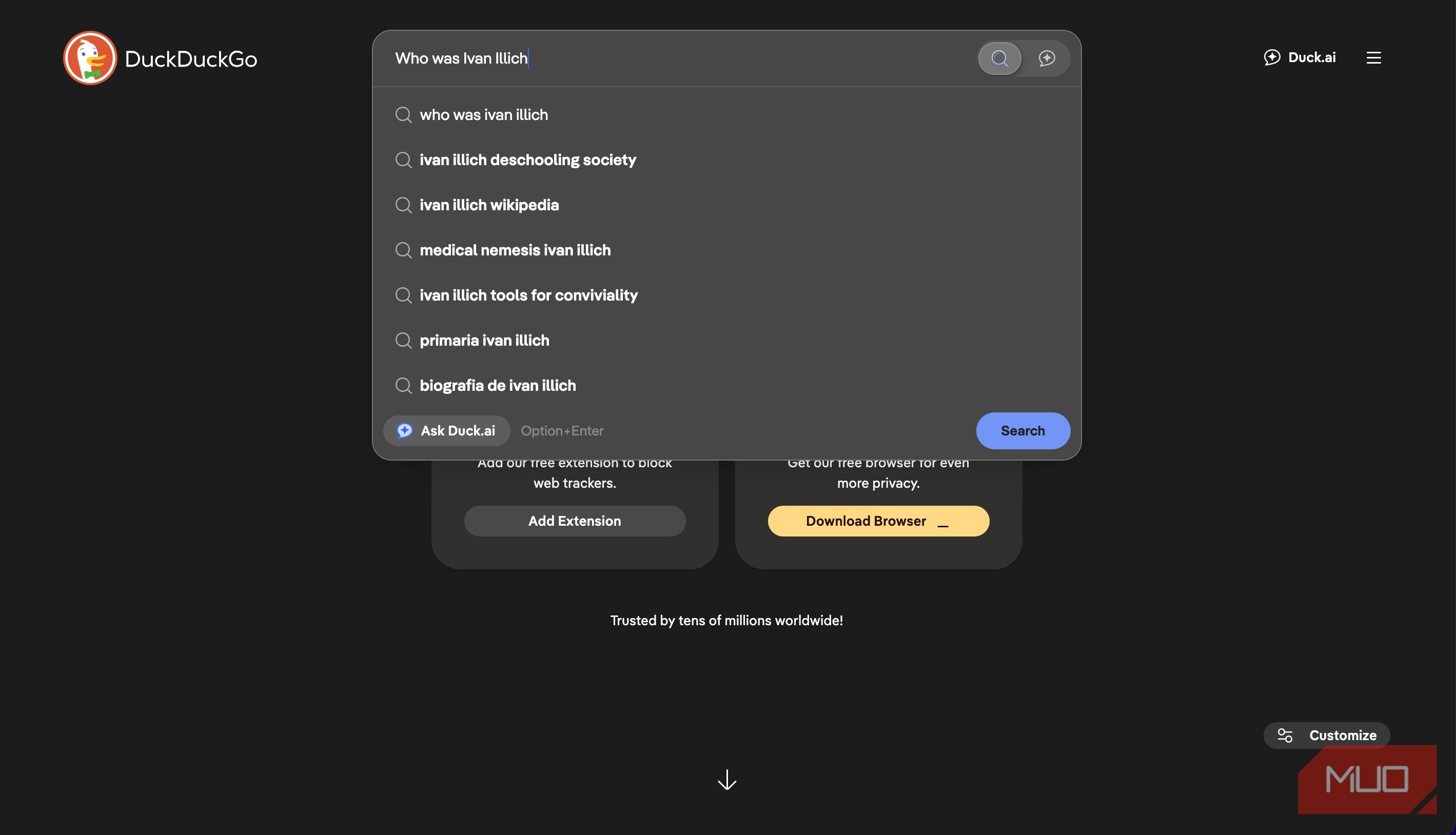 Search suggestions drop-down in DuckDuckGo