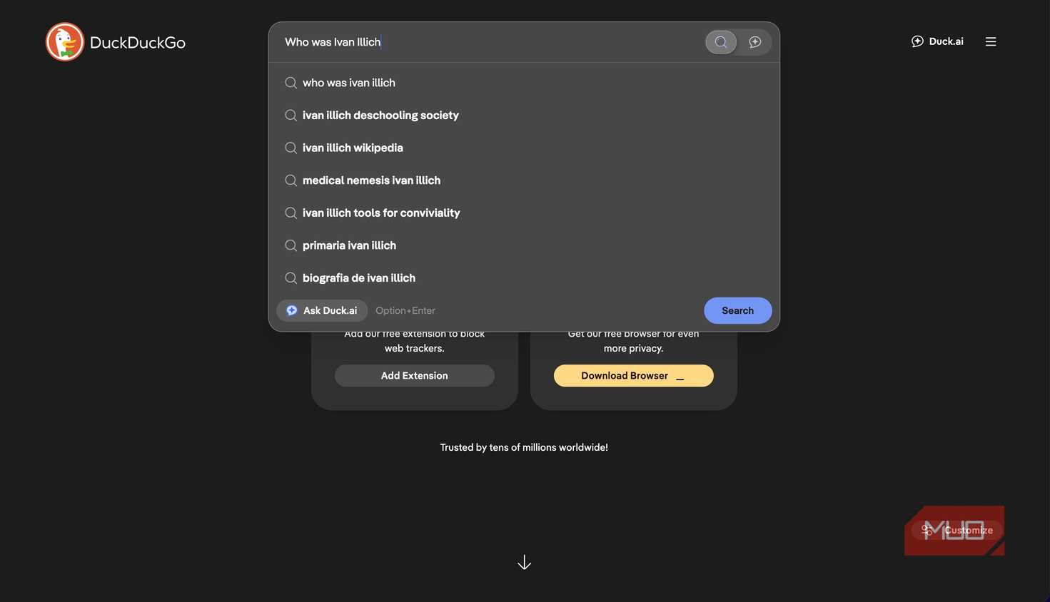 Search suggestions drop-down in DuckDuckGo