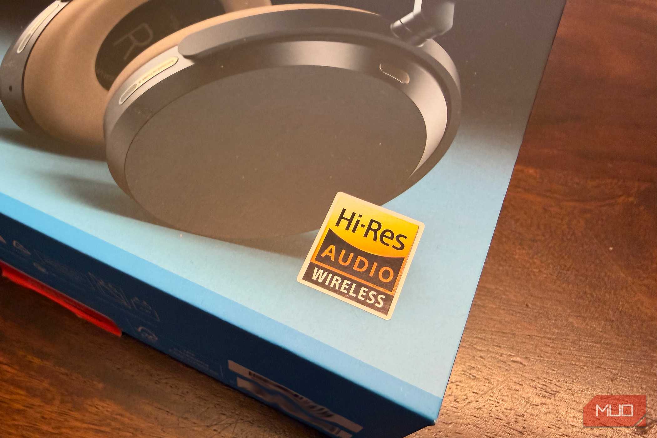 The front of a box of headphones showing the Hi-Res Audio Wireless logo.