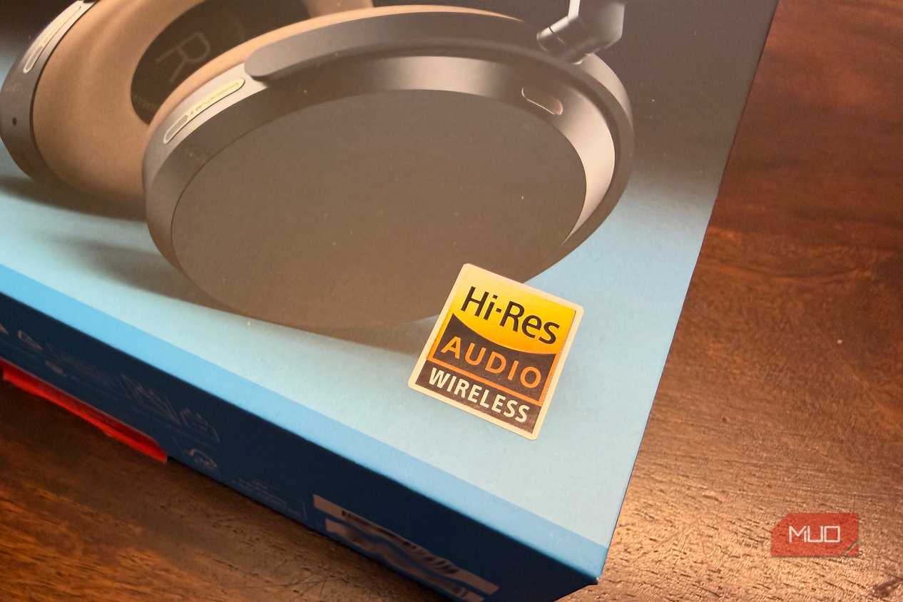 The front of a box of headphones showing the Hi-Res Audio Wireless logo.