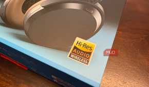 The front of a box of headphones showing the Hi-Res Audio Wireless logo.