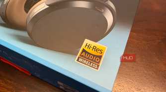 The front of a box of headphones showing the Hi-Res Audio Wireless logo.