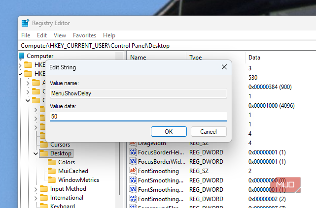 MenuShowDelay set to 50ms