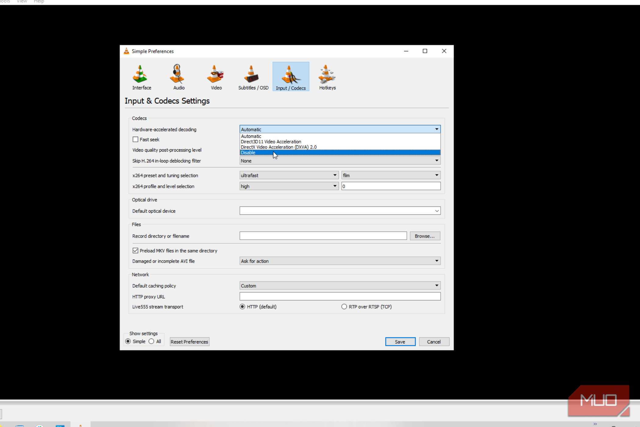 Setting decoding to disable in a menu in VLC