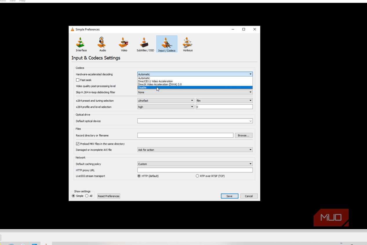 Setting decoding to disable in a menu in VLC