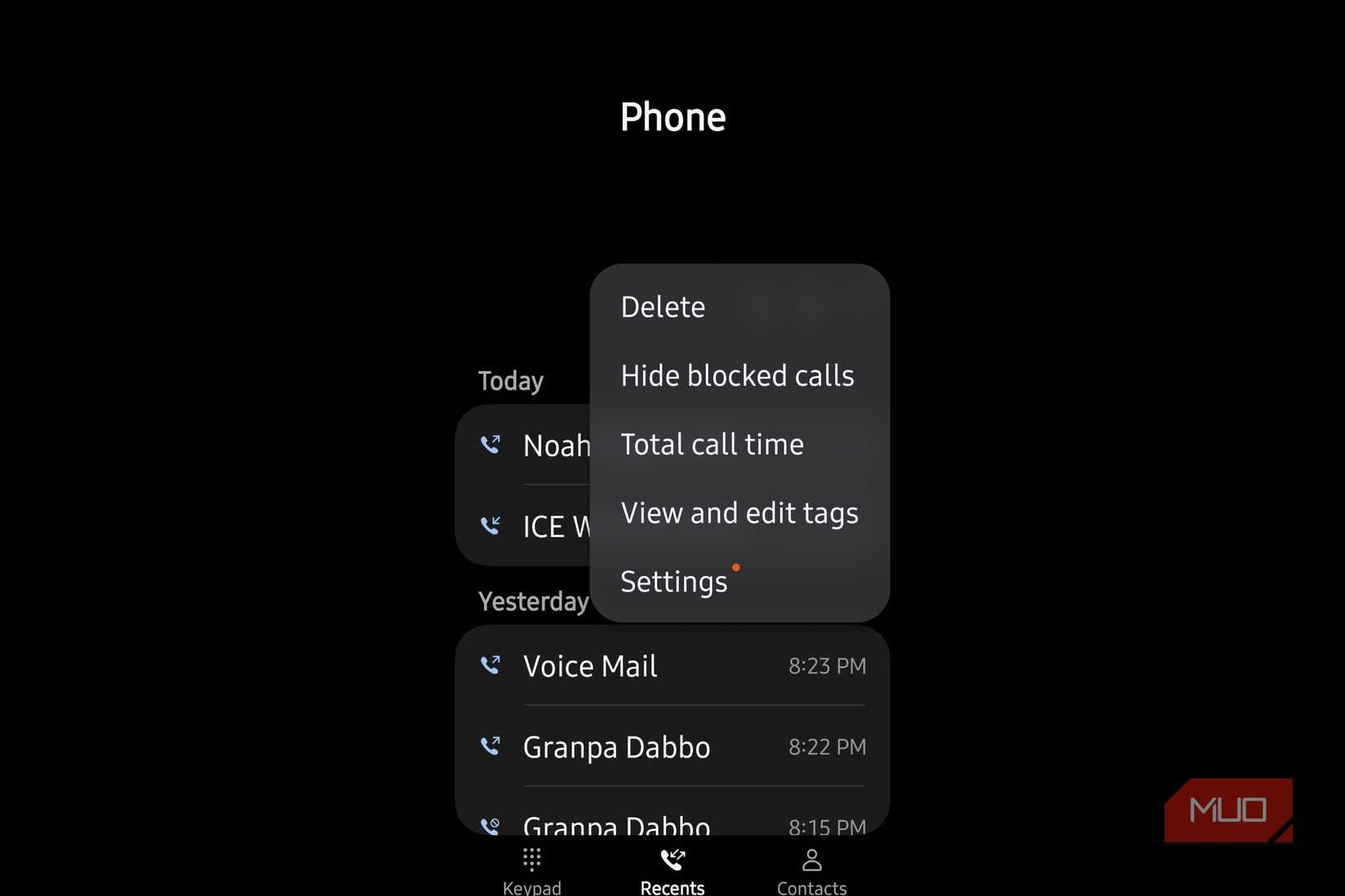 Settings being shown on a phone call history to show where it is.