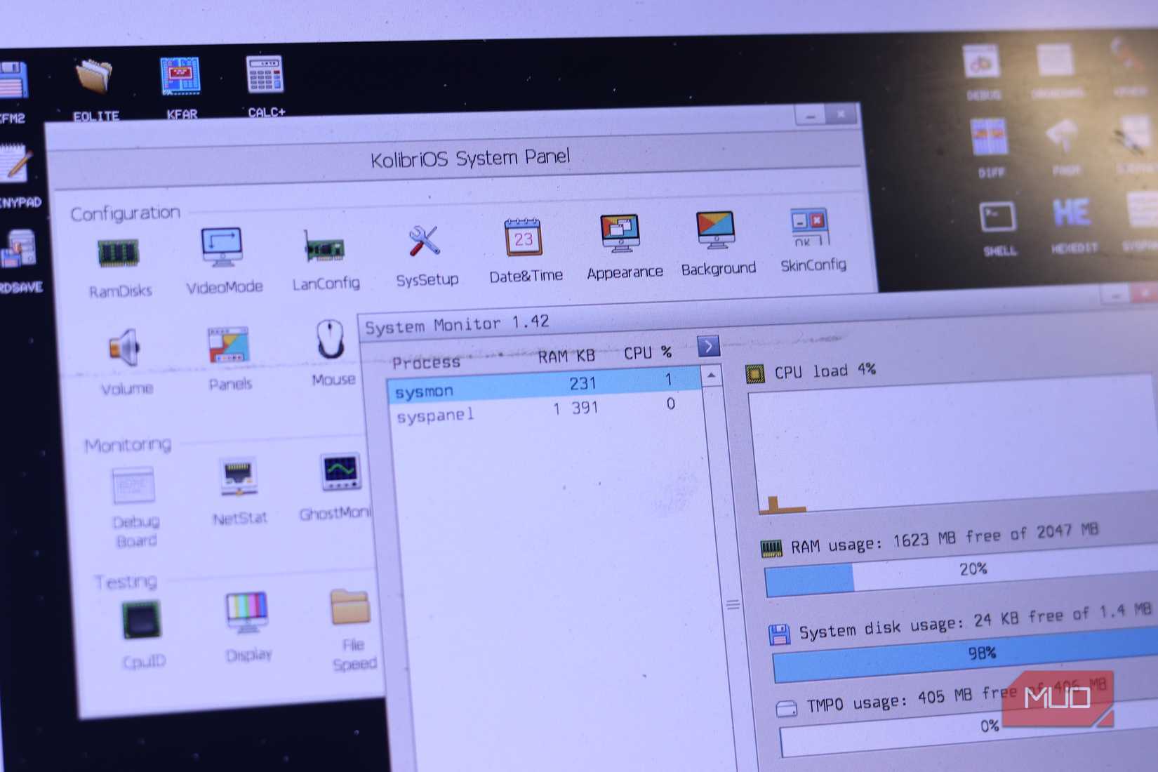 Settings panel in KolibriOS.