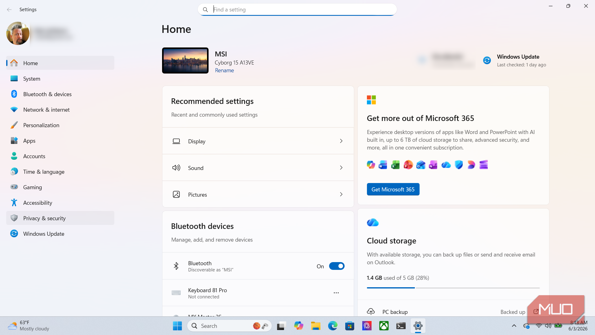 Privacy & Security in Home Settings menu