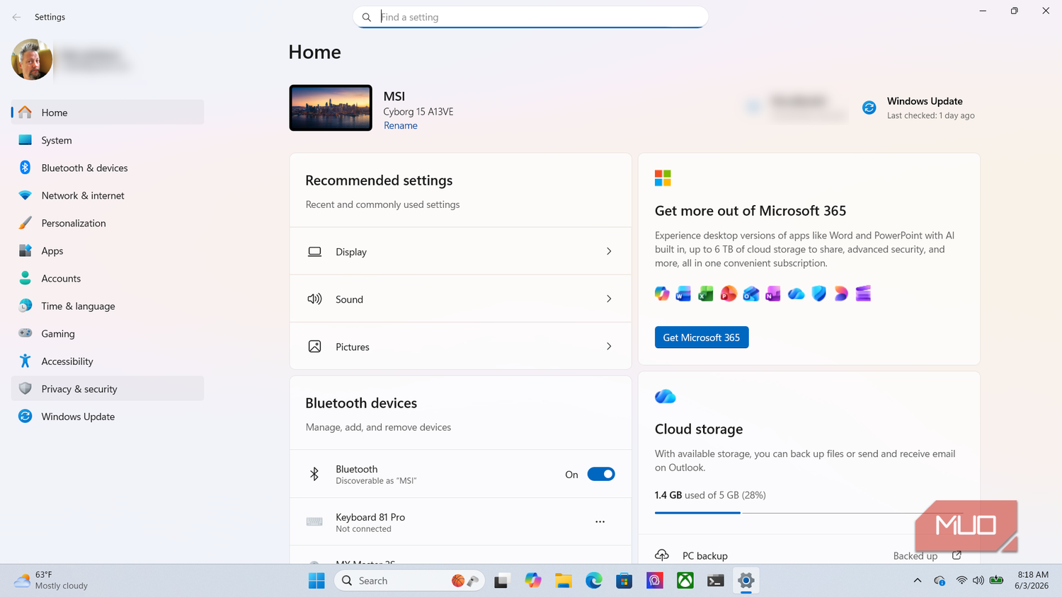 Privacy & Security in Home Settings menu