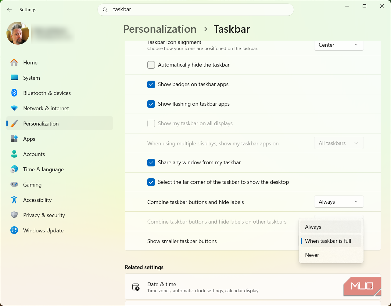 Smaller Taskbar buttons Personalization panel