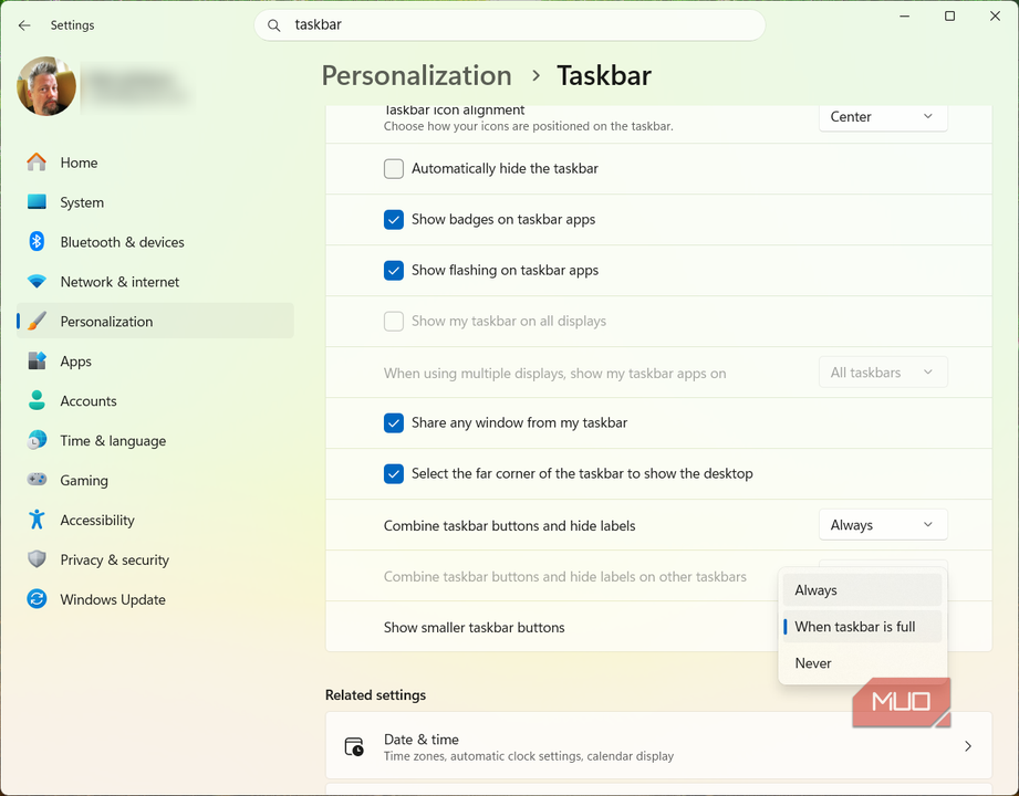 Smaller Taskbar buttons Personalization panel
