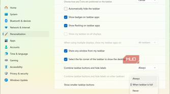 Smaller Taskbar buttons Personalization panel