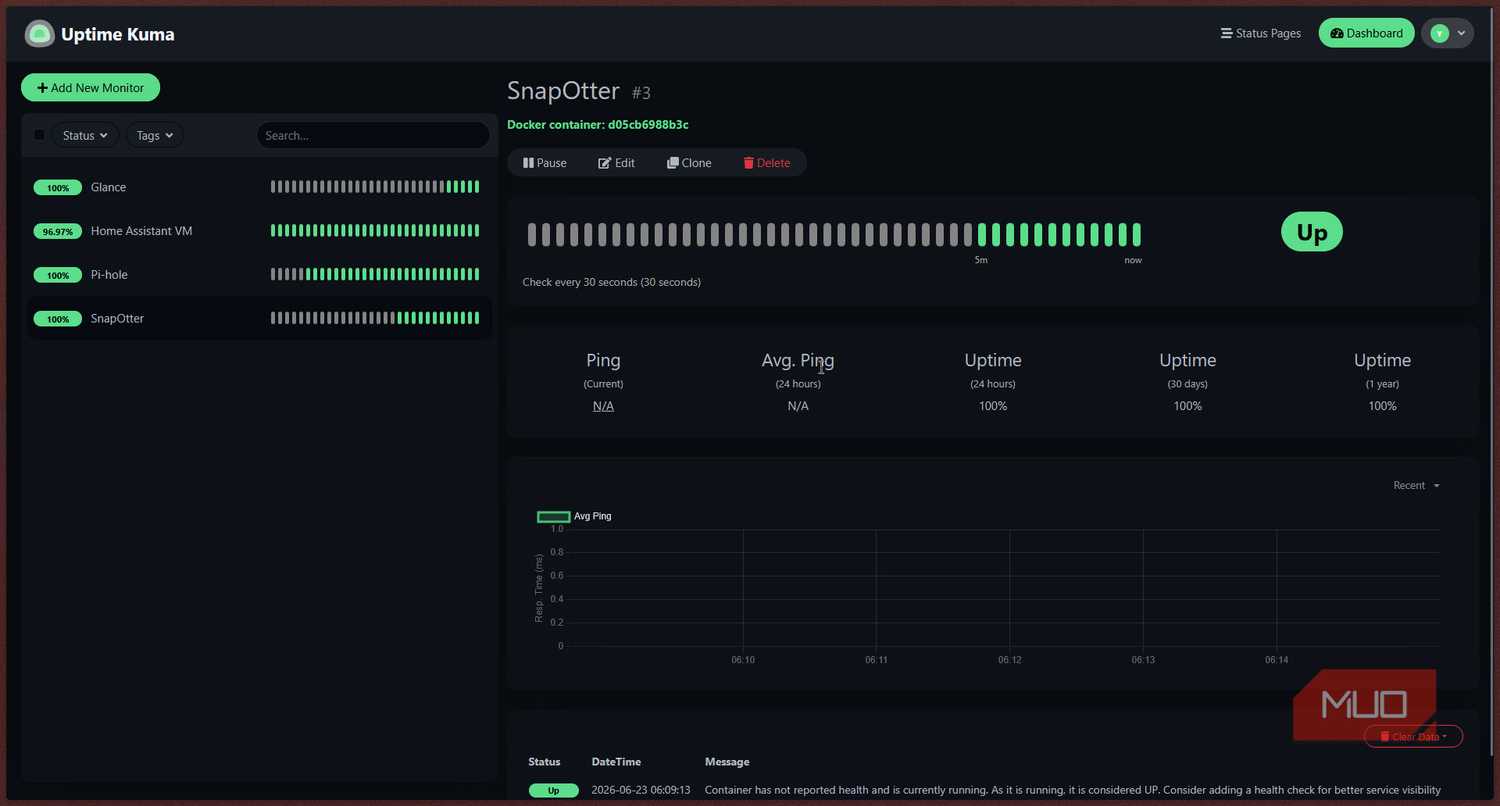 Snapotter docker container in Uptime Kuma.