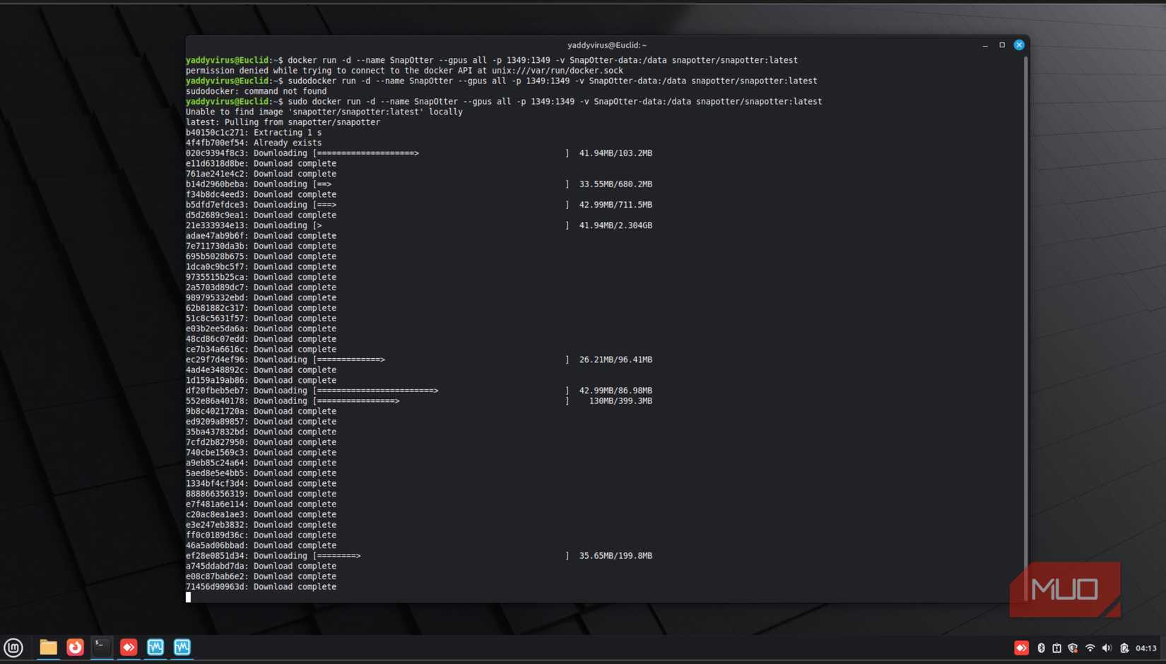 SnapOtter installing Docker image in Linux Mint.
