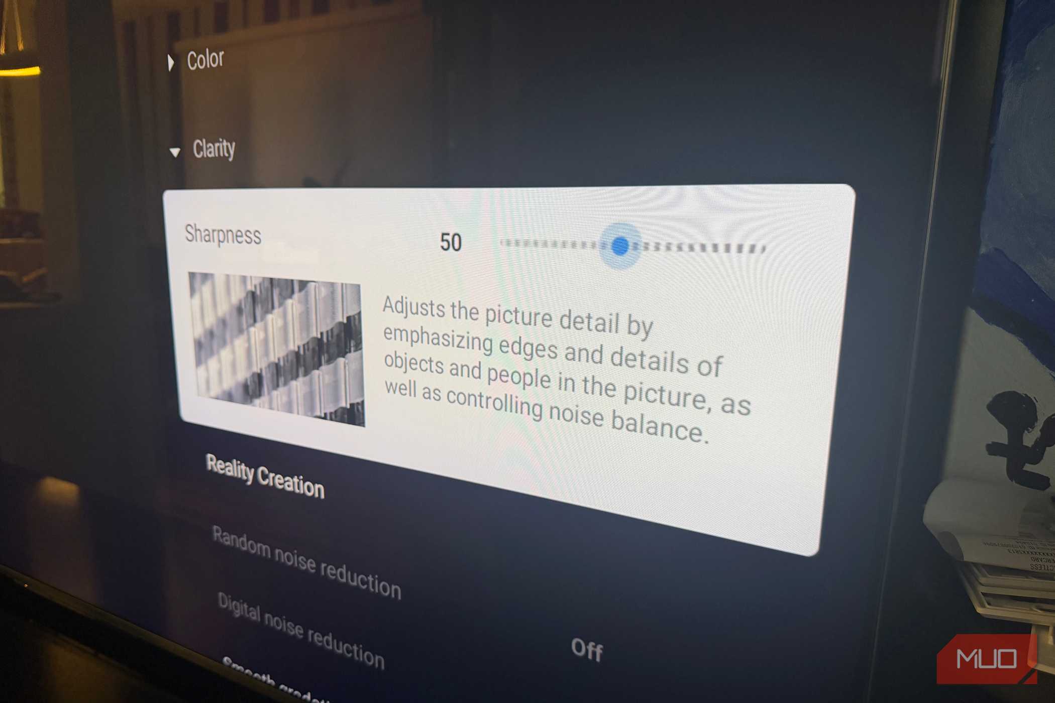 The picture settings menu showing Sharpness on a Sony Bravia TV.