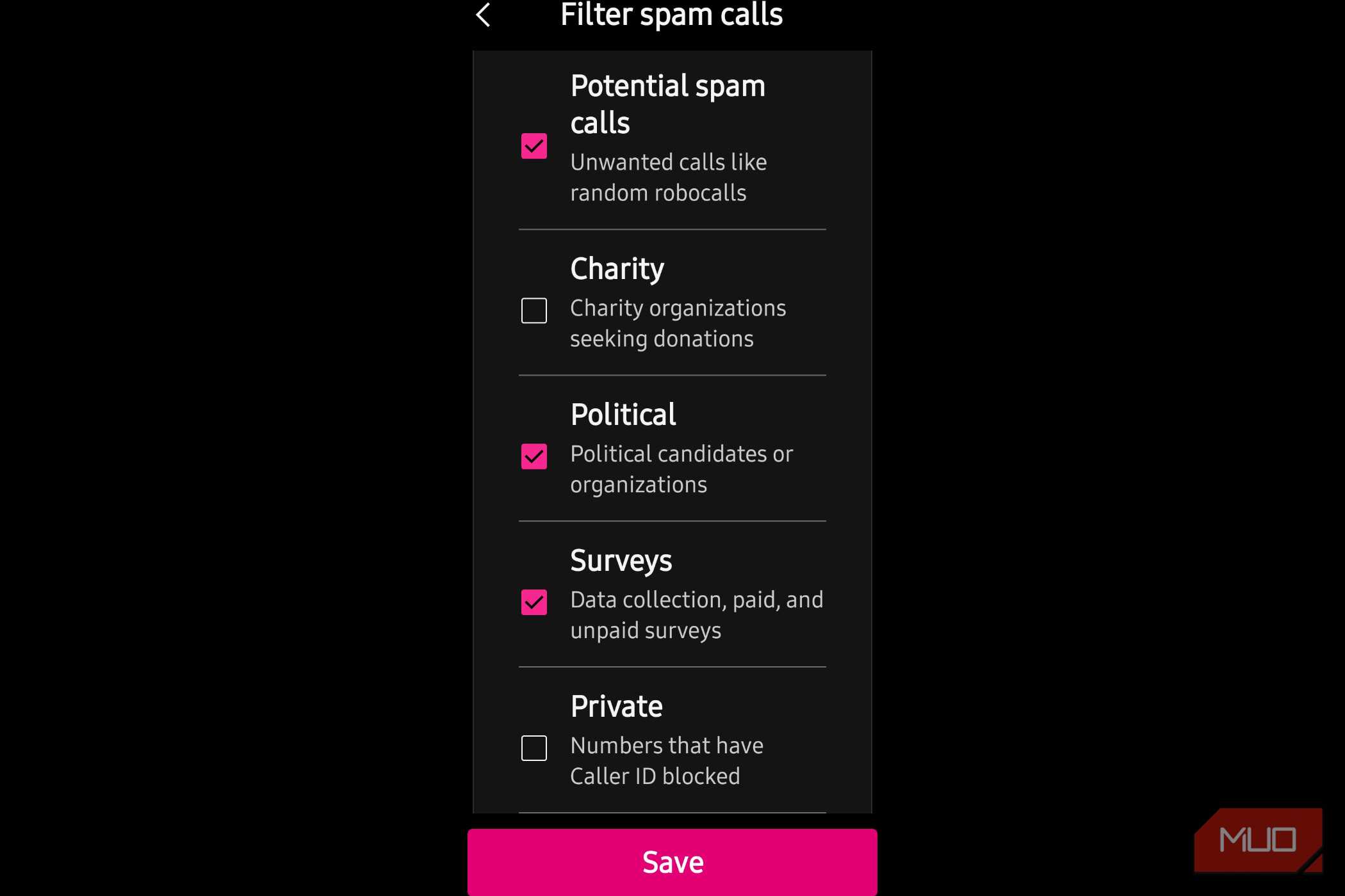 Spam calls showing what was blocked by the user.