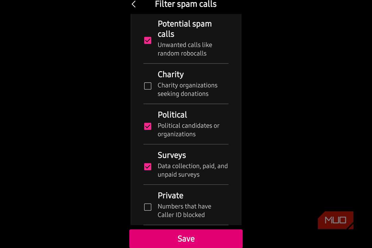 Spam calls showing what was blocked by the user.