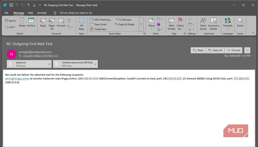 Returned email showing delivery failure due to blocking of port 25